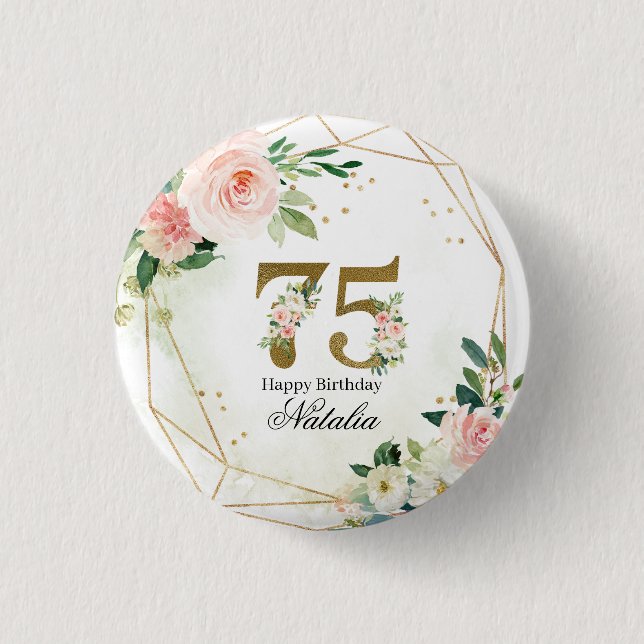 Personalized Gold & Floral 75th Custom 3 Cm Round Badge (Front)