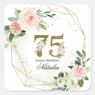 Personalized Gold & Floral 75th Custom Square Sticker
