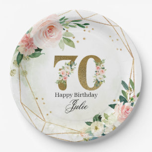 Personalized Gold & Floral Custom 70th  Paper Plate