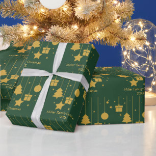 Personalized Gold Green Ornament Christmas  Wrapping Paper