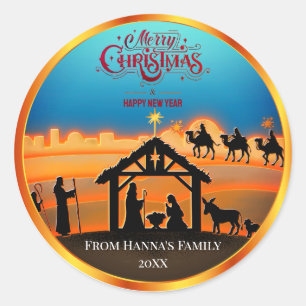 Personalized Gold Nativity "Merry Christmas" Classic Round Sticker