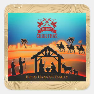 Personalized Gold Nativity "Merry Christmas" Square Sticker