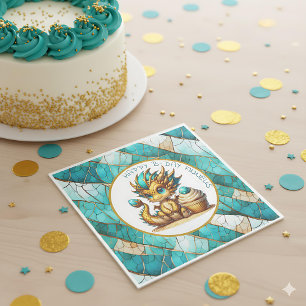 Personalized Gold Teal Dragon Boy's Birthday Party Napkin