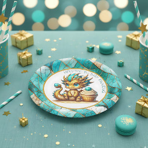 Personalized Gold Teal Dragon Boy's Birthday Party Paper Plate