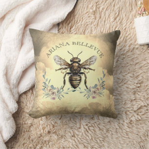 Personalized Golden Bee Floral Cushion