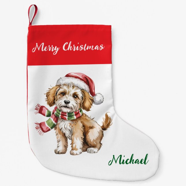 Personalized Goldendoodle Dog in Santa Hat  Small Christmas Stocking (Front)