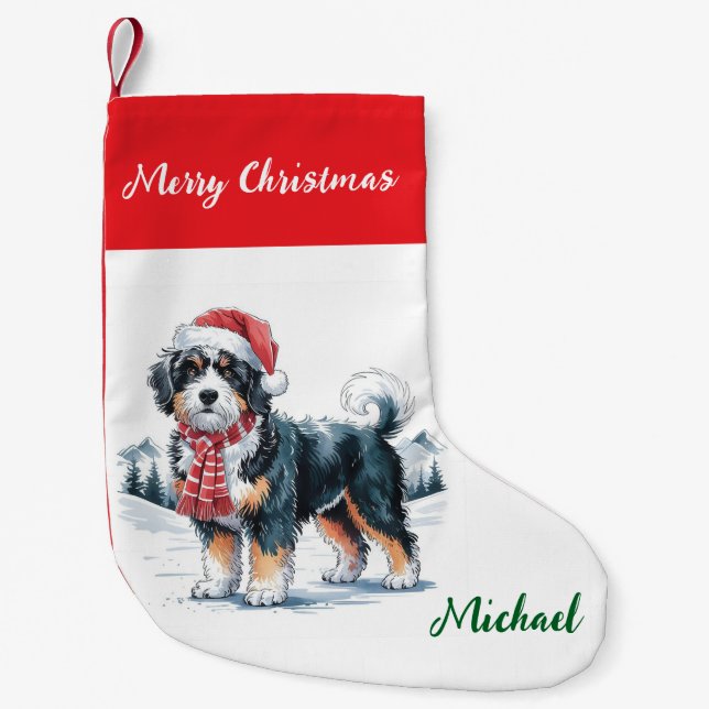 Personalized Goldendoodle Dog in Santa Hat  Small Christmas Stocking (Front)