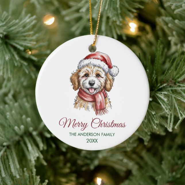 Personalized Goldendoodle Dog Santa Hat Christmas  Ceramic Tree Decoration (Tree)