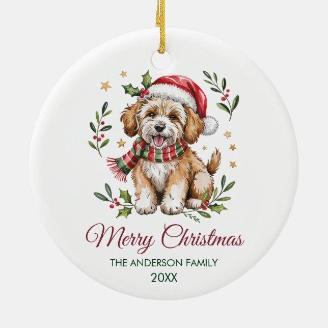 Personalized Goldendoodle Dog Santa Hat Christmas Ceramic Tree Decoration (Back)