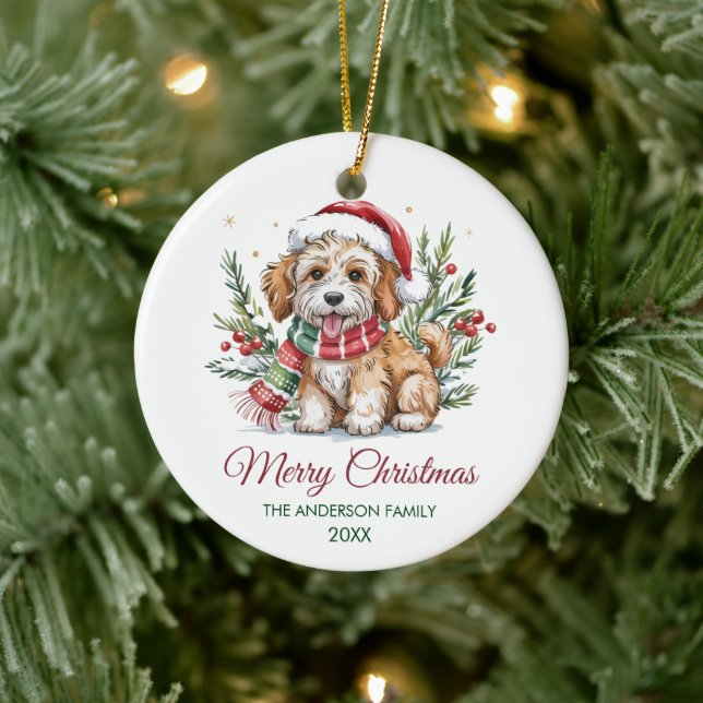 Personalized Goldendoodle Dog Santa Hat Christmas  Ceramic Tree Decoration (Tree)