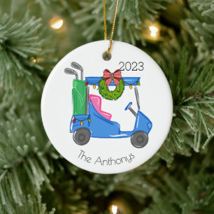 Personalized Golf Cart Christmas Lights Wreath Ceramic Tree Decoration
