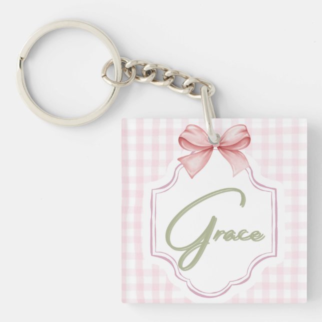 Personalized Grace Baby Girl Nursery Bow&Gingham Key Ring (Front)