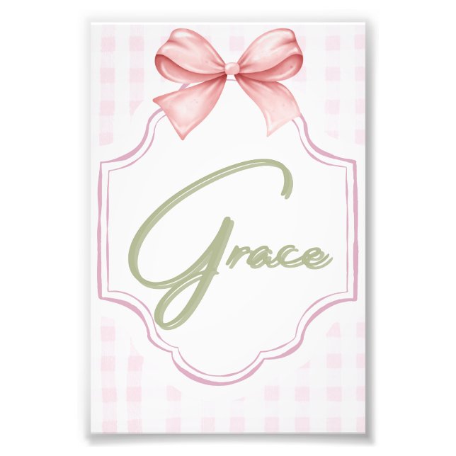 Personalized Grace Baby Girl Nursery Bow&Gingham Photo Print (Front)