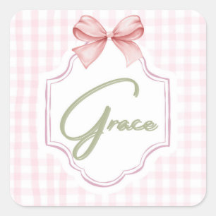 Personalized Grace Baby Girl Nursery Bow&Gingham Square Sticker