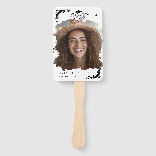 Personalized Graduation Elegant Script Stars & Cap Hand Fan (Front)