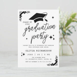 Personalized Graduation Elegant Script Stars & Cap Invitation