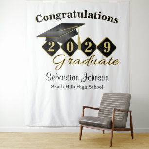 Personalized Graduation Party Black & Gold Tapestry