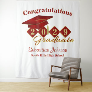 Personalized Graduation Red & Gold Party Backdrop Tapestry
