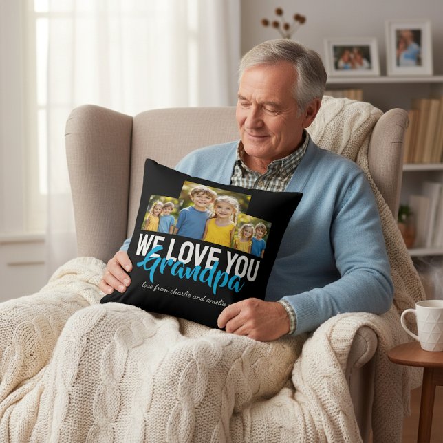 Personalized Grandpa Photo Gift Blue Text Design Cushion (Creator Uploaded)
