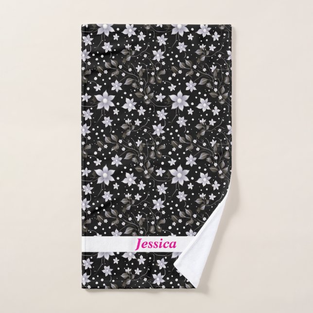 Personalized Gray and Black Flower Pattern Hand Towel (Hand Towel)