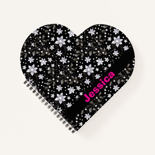 Personalized Gray and Black Flower Pattern Notebook (Front)