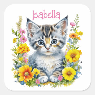 Personalized Gray Kitten and Flowers Watercolor Square Sticker
