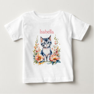 Personalized Gray Kitten in Pink Flowers Baby T-Shirt