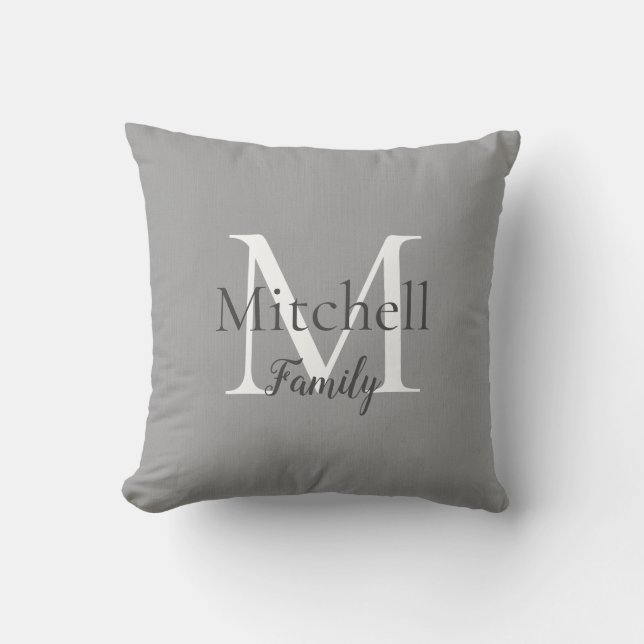 Personalized Gray Linen Family Monogram Cushion (Front)