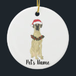 Personalized Great Dane (Fawn) Ceramic Tree Decoration<br><div class="desc">Make the nice list this year with a personalized Christmas ornament of your favorite little fawn masked great dane elf in a santa hat and red and green holly wreath! For the sweetest gifts, pair it with a matching art print or another item from my fawn masked great dane collection!...</div>