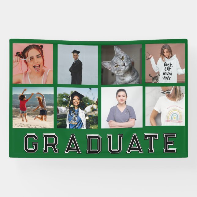 Personalized Green 8 Photo Collage Graduation Banner (Horizontal)