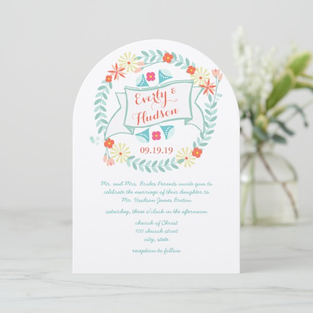 Personalized Green and Pink Garland Wedding Invitation (Standing Front)