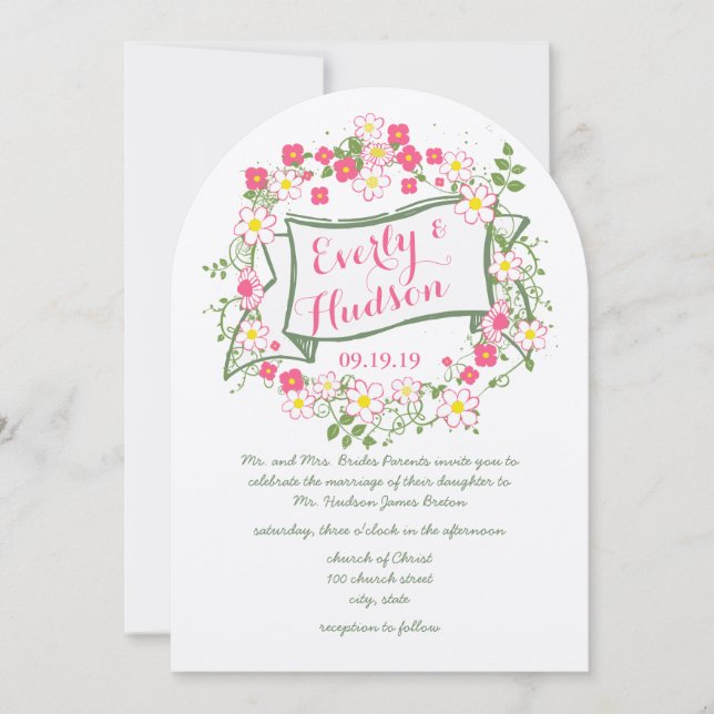 Personalized Green and Pink Garland Wedding Invitation (Front)