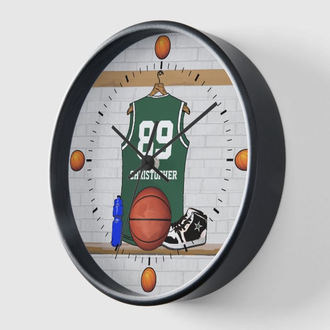 Personalized Green and White Basketball Jersey Clock (Angle)