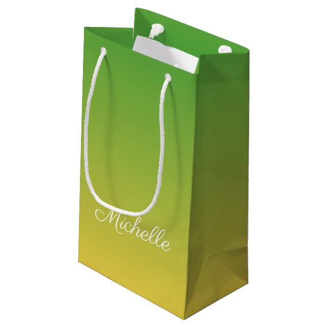 Personalized green and yellow ombre small gift bag (Back Angled)
