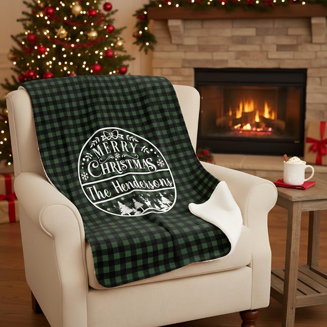 Personalized Green & Black Plaid Merry Christmas Sherpa Blanket (Creator Uploaded)