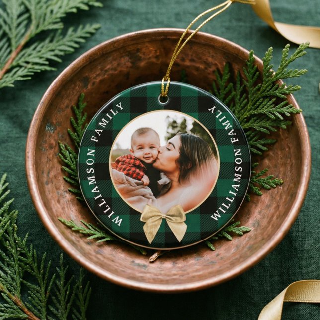 Personalized Green Buffalo Plaid Family Photo Ceramic Tree Decoration (Personalized Green Buffalo Plaid Family Photo Ceramic Ornament)