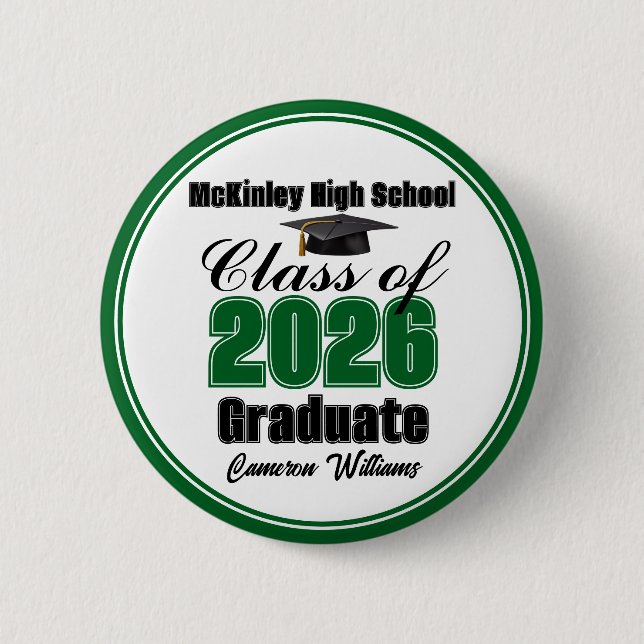 Personalized Green Class of 2026 Graduation Party 6 Cm Round Badge (Front)