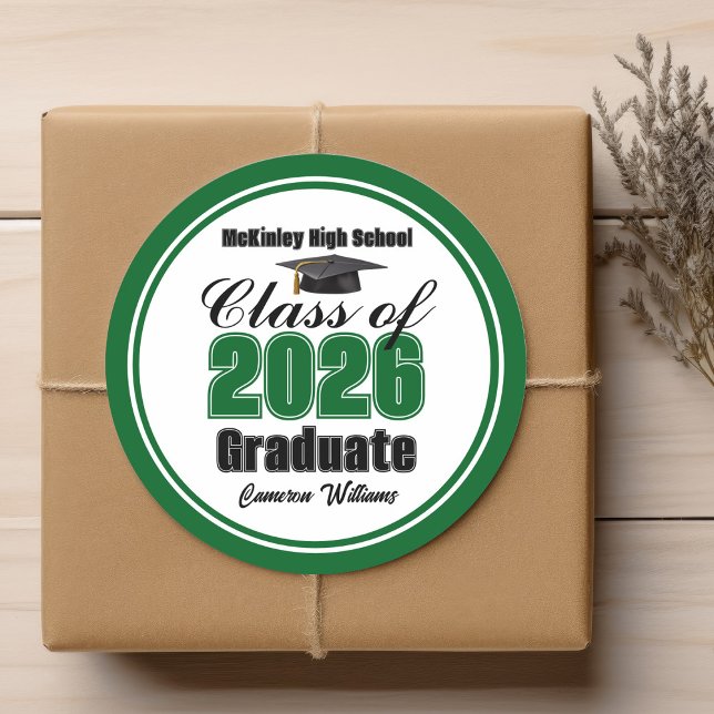 Personalized Green Class of 2026 Graduation Party Classic Round Sticker (Creator Uploaded)