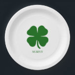 Personalized Green Clover Paper Plate<br><div class="desc">Simple Irish Four Leaf Clover Emerald Green Shamrock Design - Customize it with your own personalized names, words, colors! Celebrate good luck in style with this personalized Four Leaf Clover Design! Featuring a minimalist design with a simple yet modern touch, this mug can be customized with or without your name...</div>