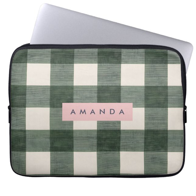 Personalized Green Gingham Checkered Laptop Sleeve (Front)
