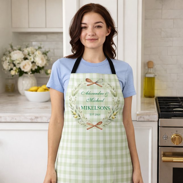 Personalized Green Gingham Newlywed Wedding Apron (Creator Uploaded)