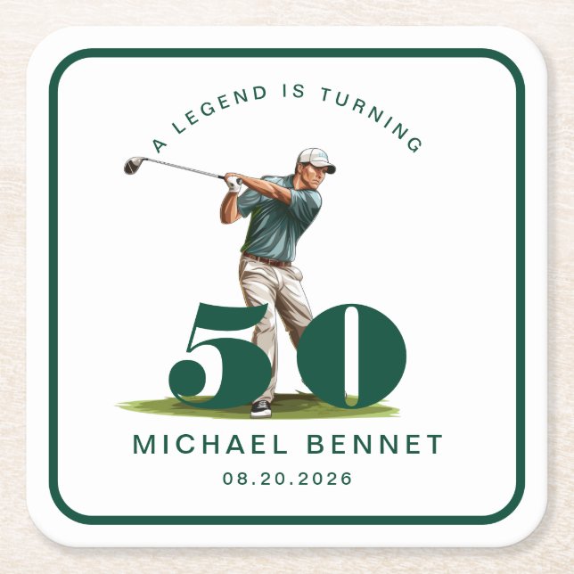 Personalized Green Sports Golf 50th Birthday Square Paper Coaster (Front)