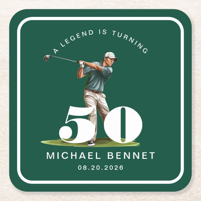 Personalized Green Sports Golf 50th Birthday Square Paper Coaster (Front)