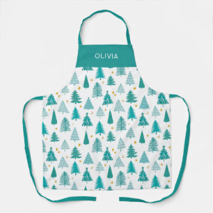 Personalized Green Teal Christmas Tree Kitchen Apron