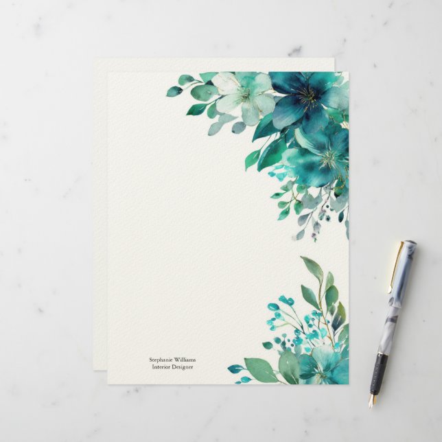 Personalized Green Teal Wildflowers Florals  Custom Letterhead (Front/Back In Situ)