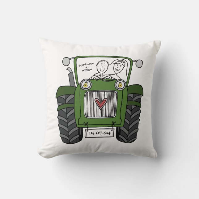 Personalized Green Tractor Country Farm Wedding Cushion (Front)