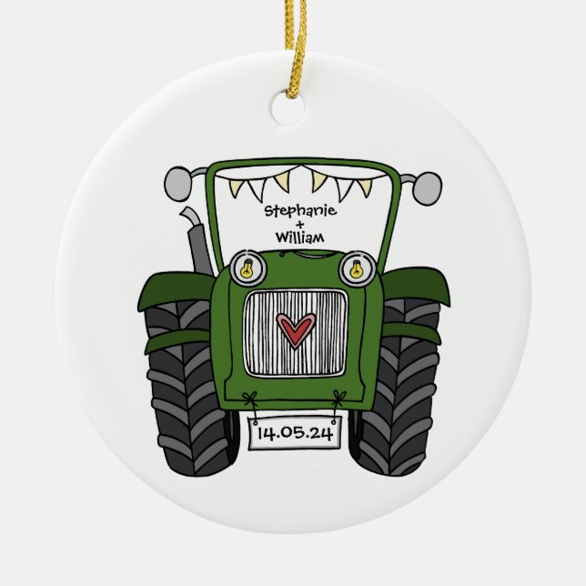 Personalized Green Tractor Country Wedding Gift Ceramic Tree Decoration (Front)