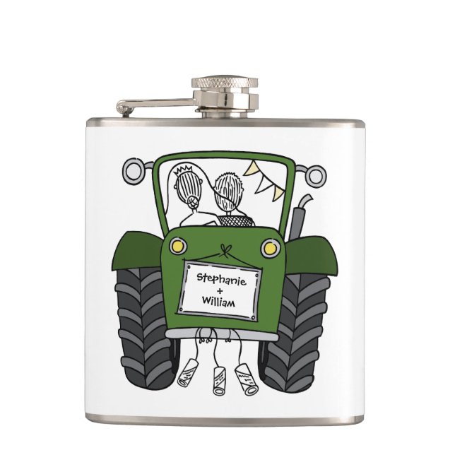 Personalized Green Tractor Country Wedding Gift Hip Flask (Front)