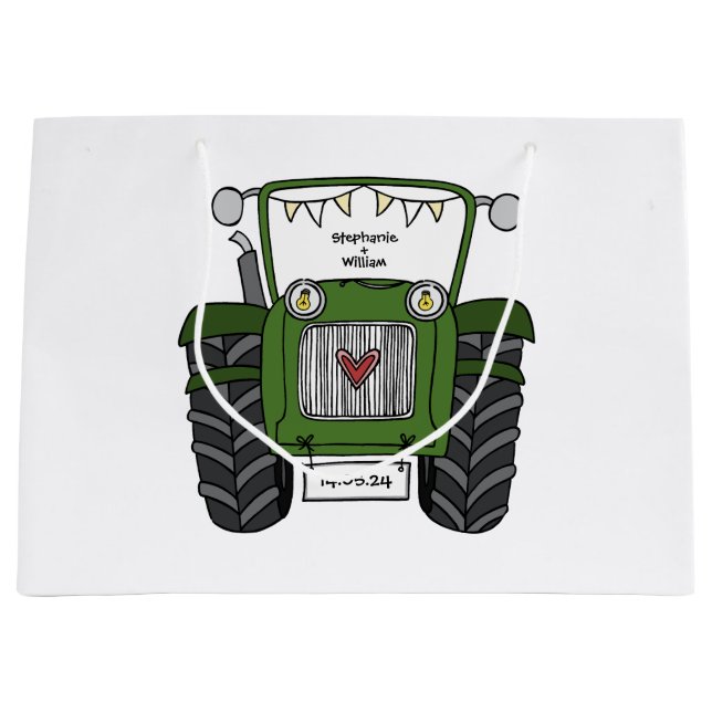 Personalized Green Tractor Country Wedding Gift Large Gift Bag (Front)