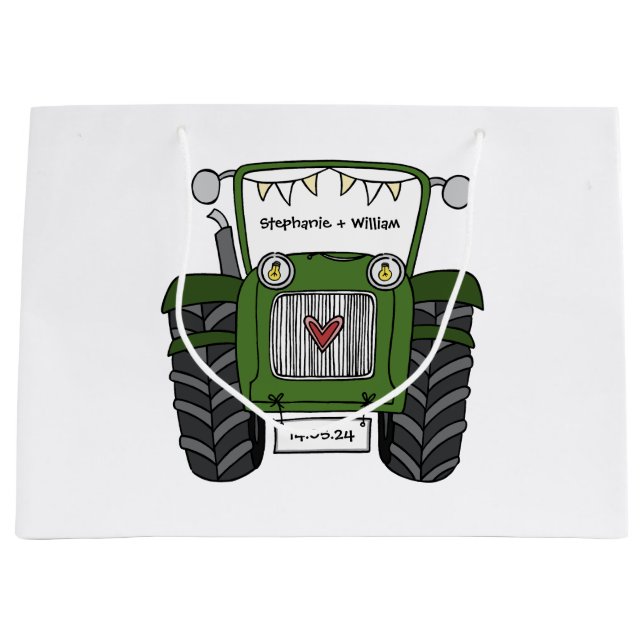 Personalized Green Tractor Country Wedding Gift Large Gift Bag (Front)